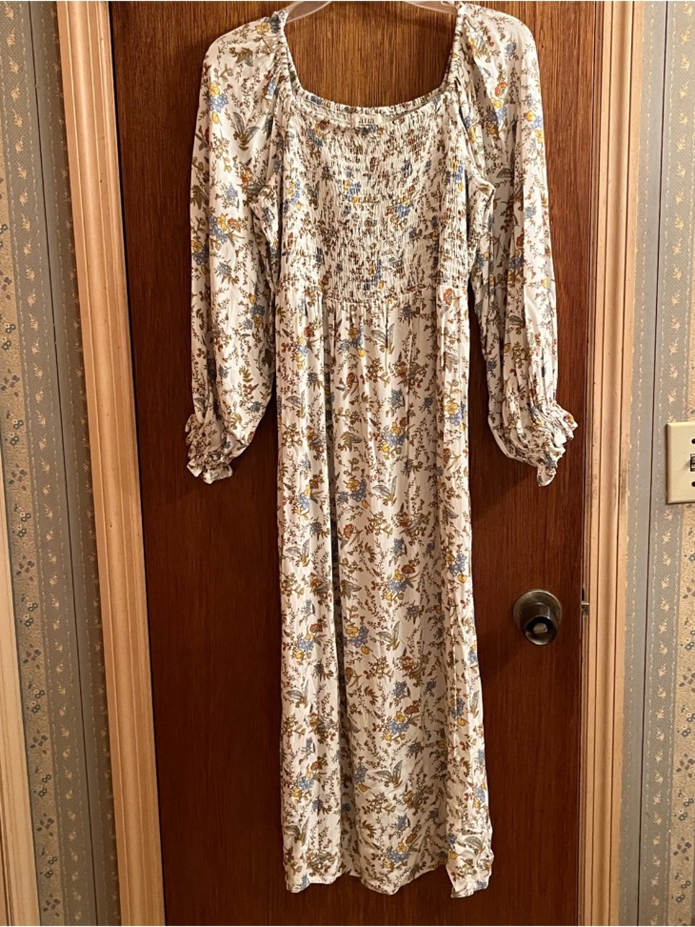 a.n.a A New Approach Cream Floral Smocked Maxi Dress with Blue and Brown Accents